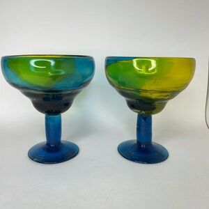 Set of 2 Crate & Barrel Margarita "Salud" Glasses Blue Yellow Hand Blown